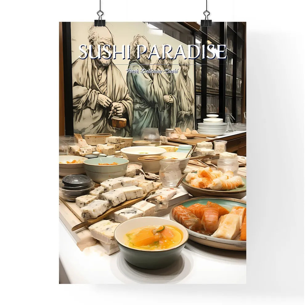 A Poster of sushi food drawing - A Table Ful Poster