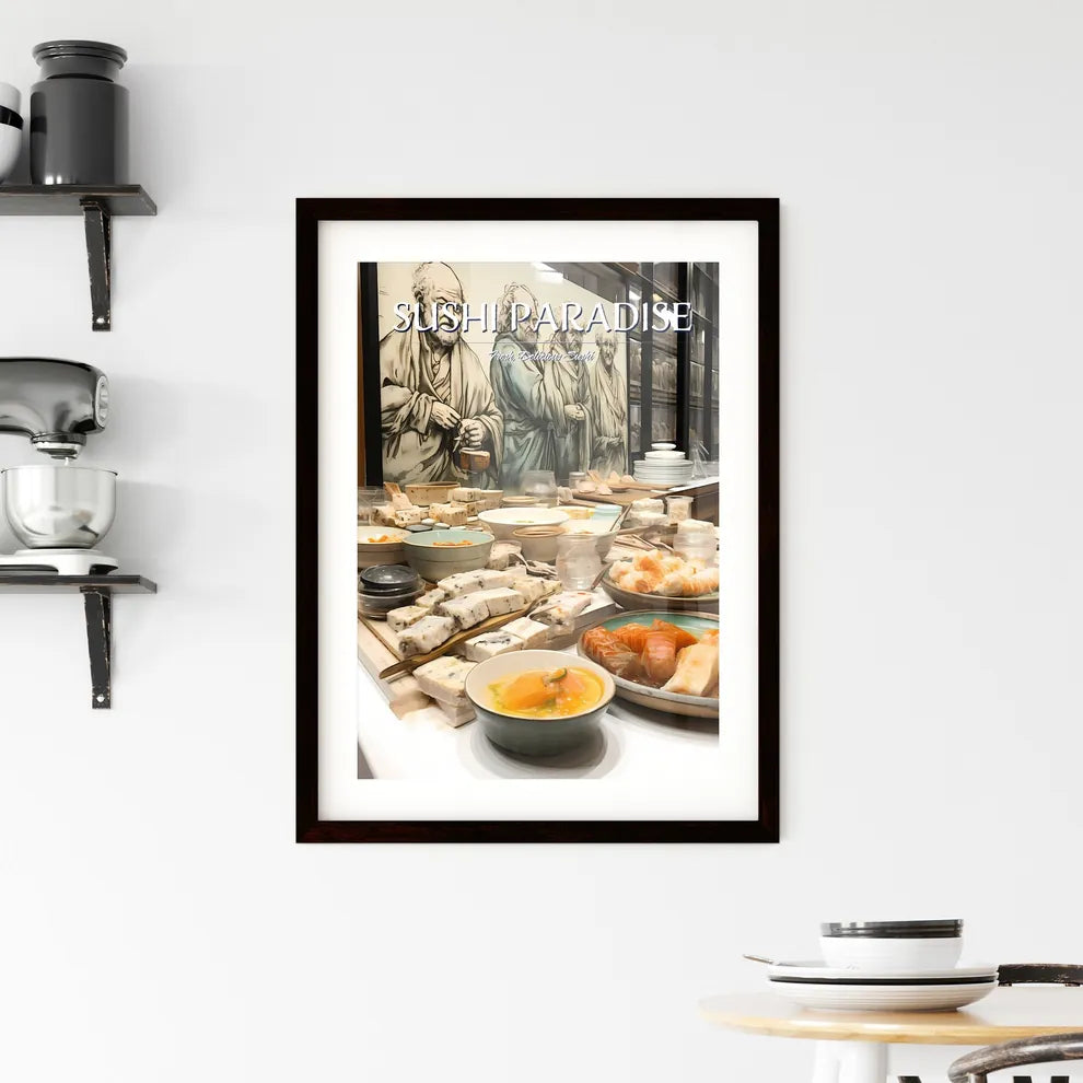 A Poster of sushi food drawing - A Table Ful Framed Print