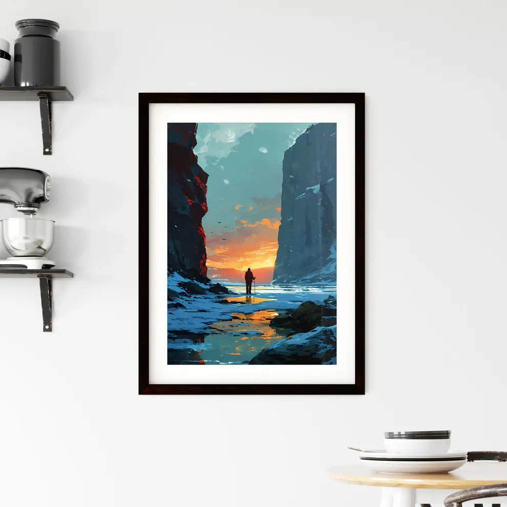 A Poster of two people are skiers in the sno Framed Print