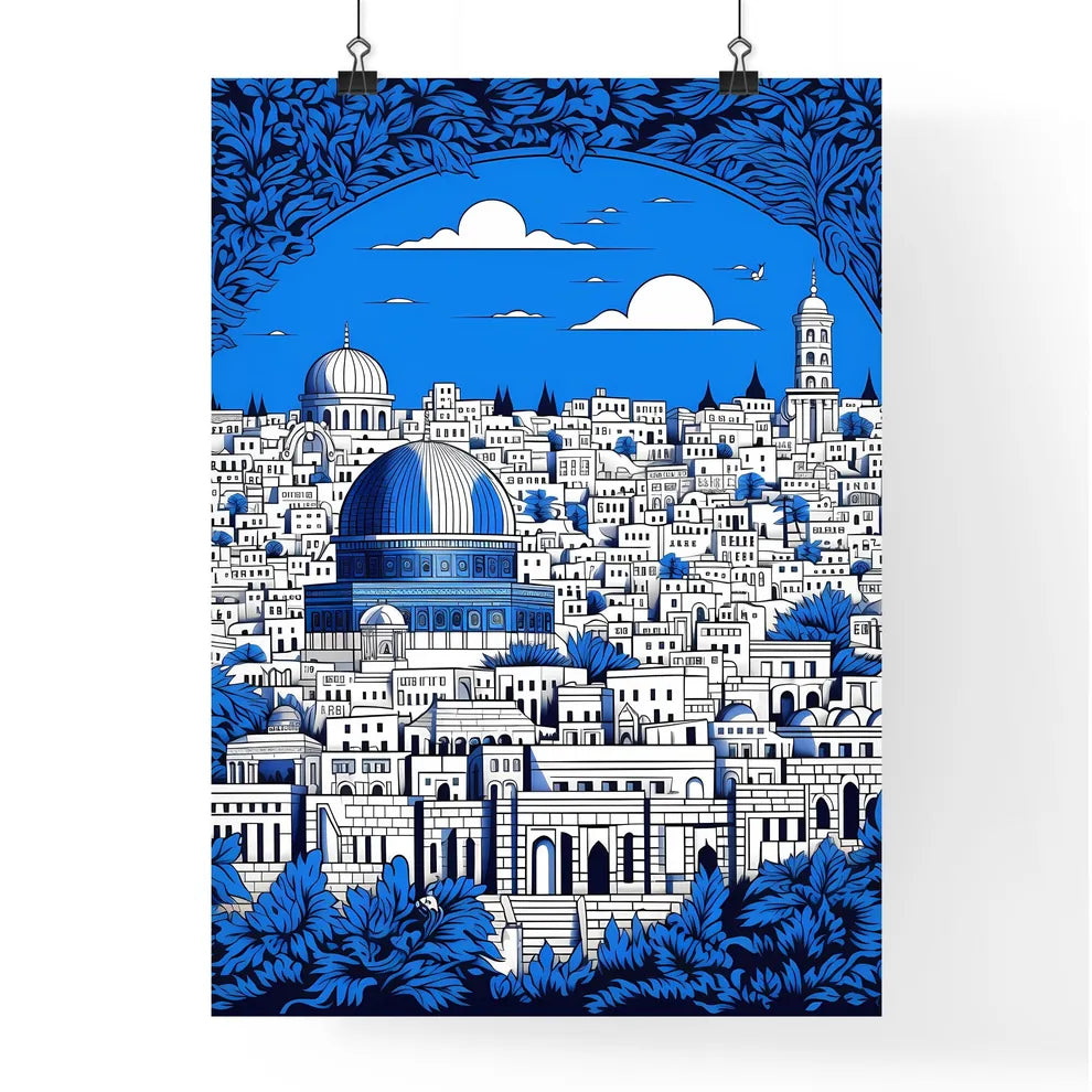 A Poster of outline the city of Jerusalem - A Blue And White Cityscape Poster