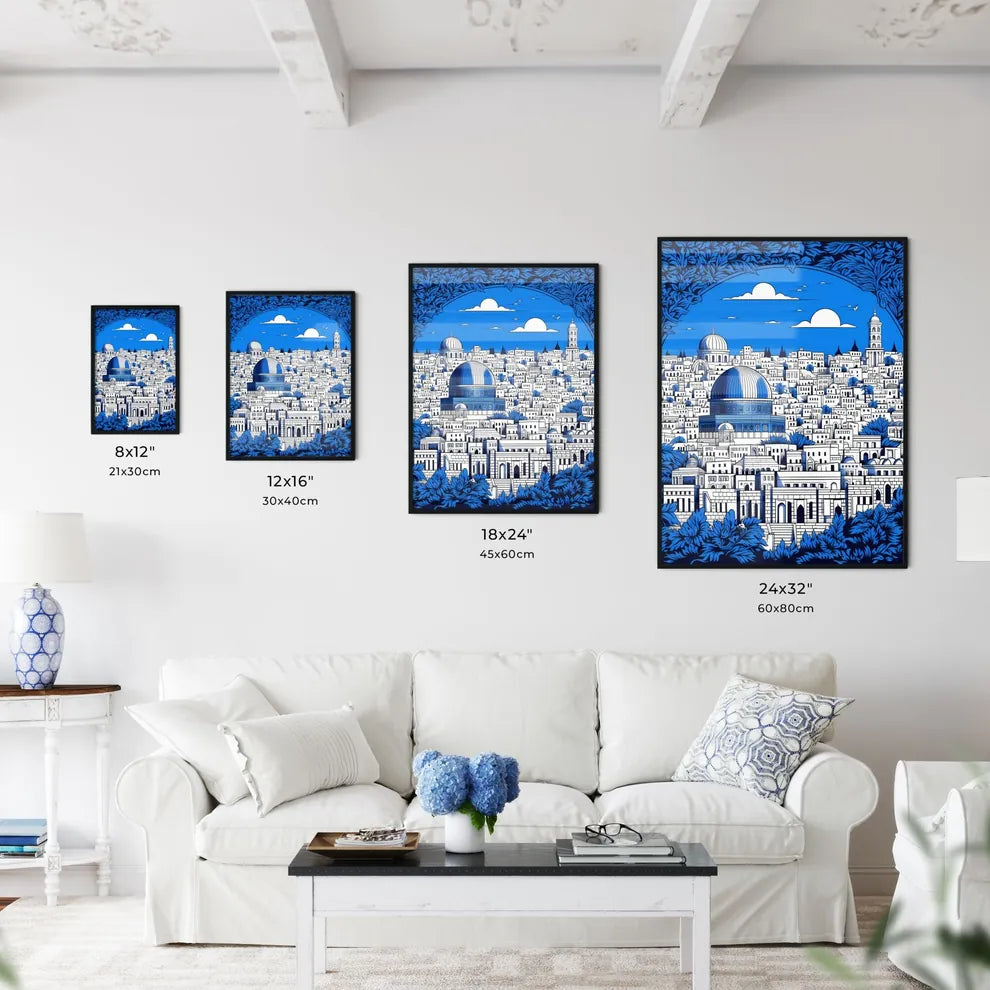 A Poster of outline the city of Jerusalem - A Blue And White Cityscape Size Chart