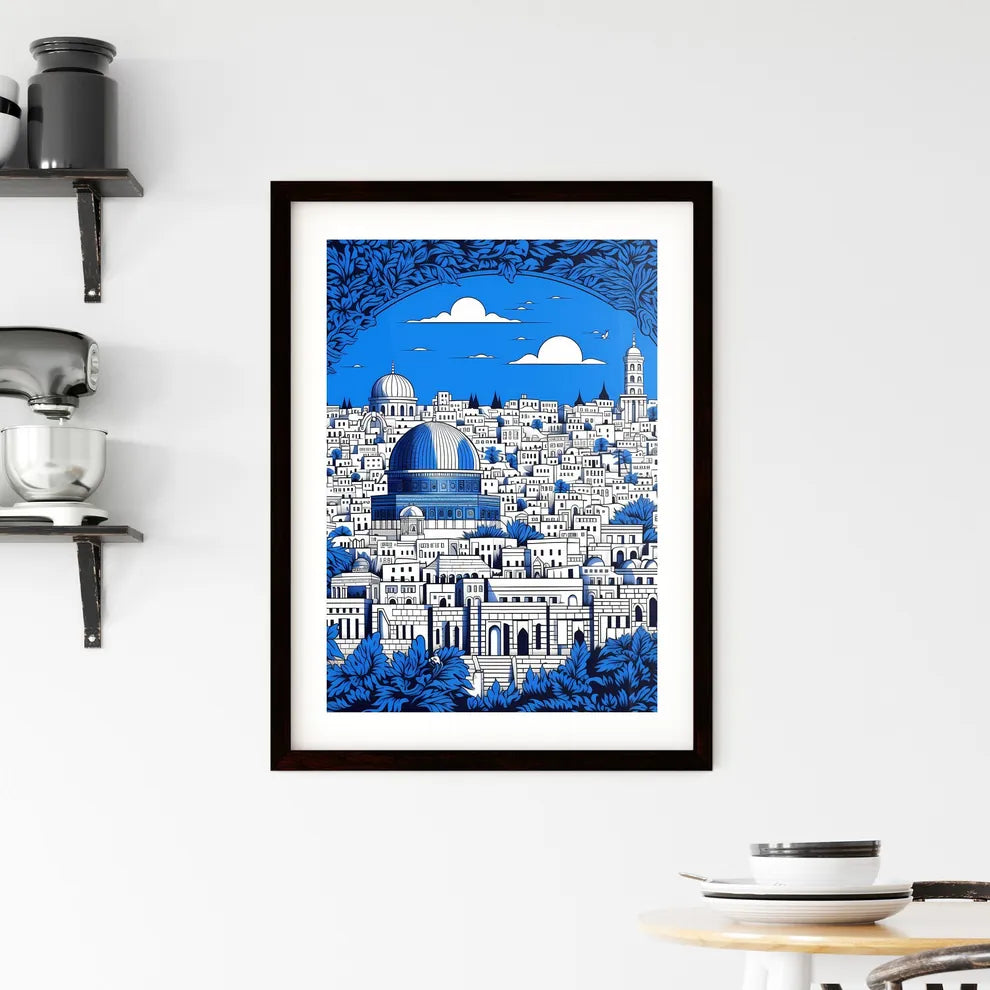 A Poster of outline the city of Jerusalem - A Blue And White Cityscape Custom Print