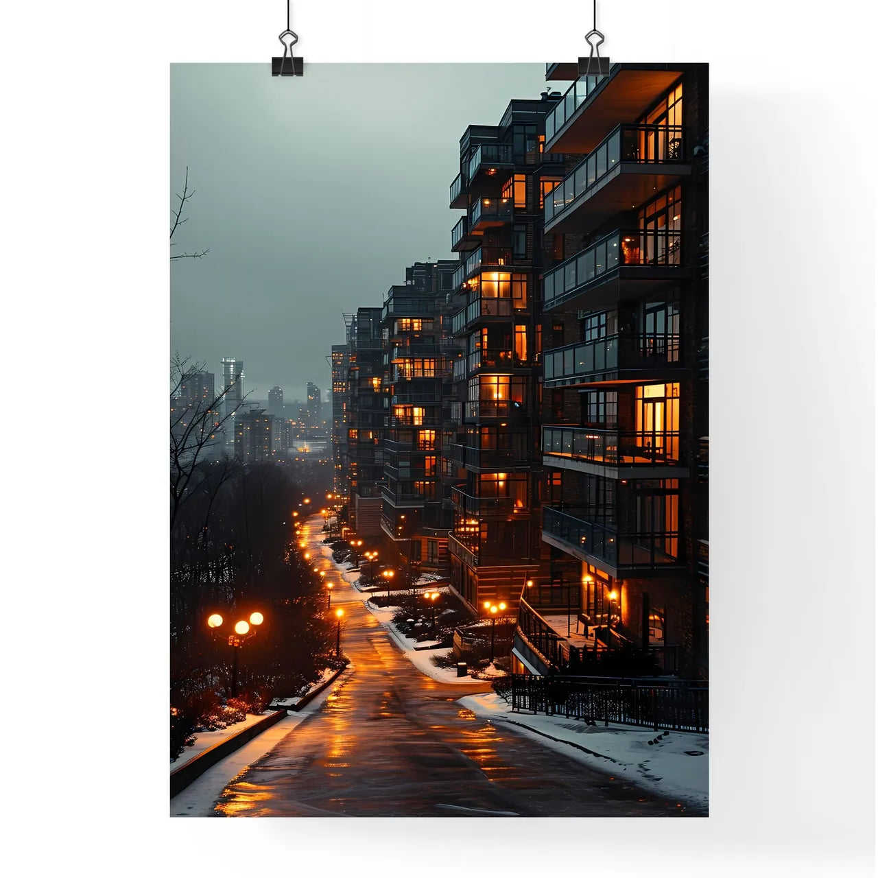 A Poster of a straight facade of a big aparment block building - A Street With Lights On The Side Of A Building Poster