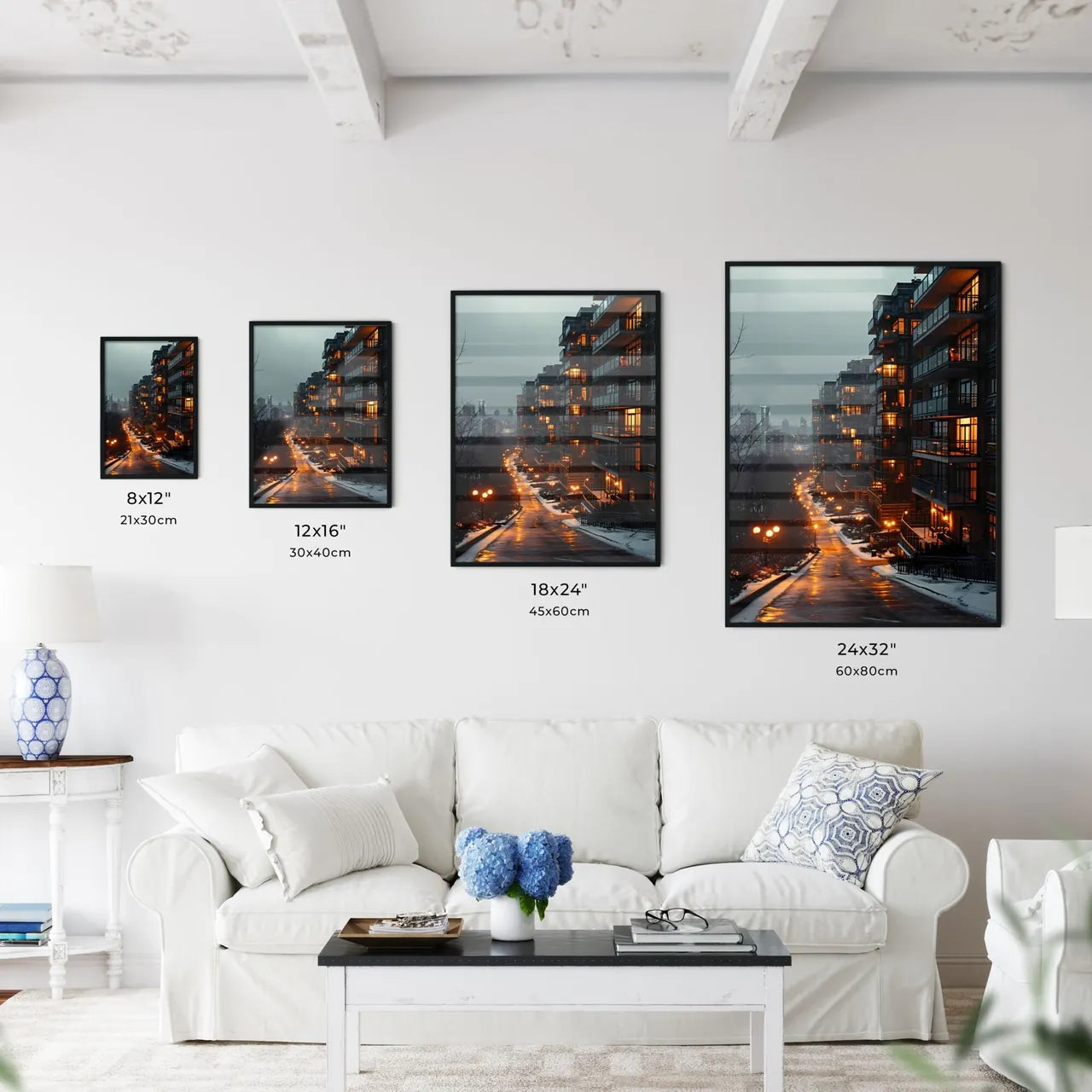 A Poster of a straight facade of a big aparment block building - A Street With Lights On The Side Of A Building Size Chart