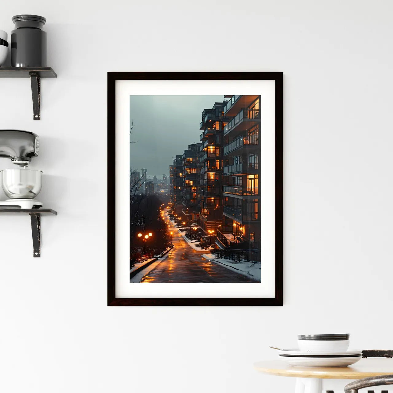 A Poster of a straight facade of a big aparment block building - A Street With Lights On The Side Of A Building Custom Print