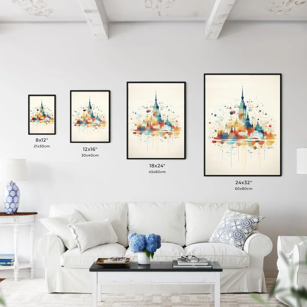 A Poster of minimalist Helsinki skyline - A Colorful Cityscape With Many Buildings Size Chart