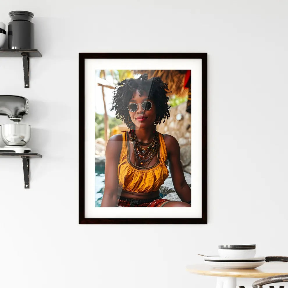 A Poster of a beautiful woman sitting poolsi Framed Print