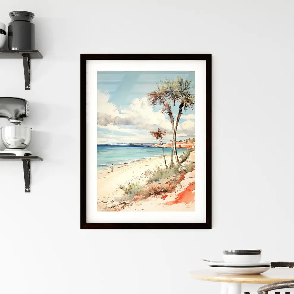 A Poster of desert tropical beach with palm  Framed Print