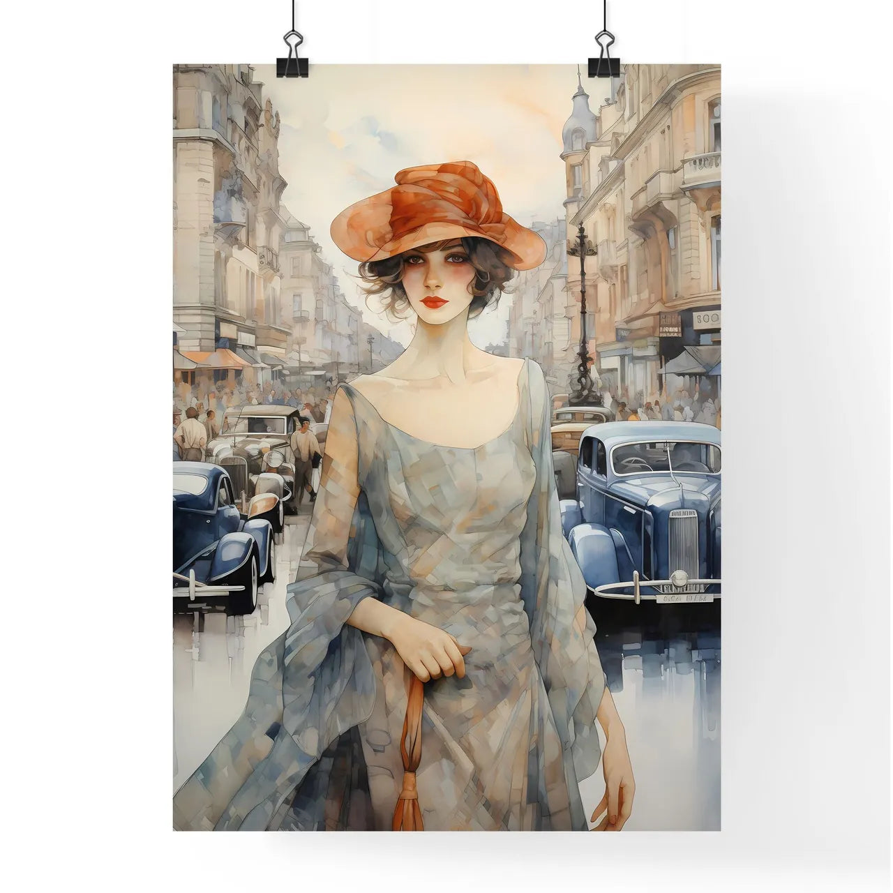 A Poster of art deco noveaux - A Woman In A Dress And Hat Poster