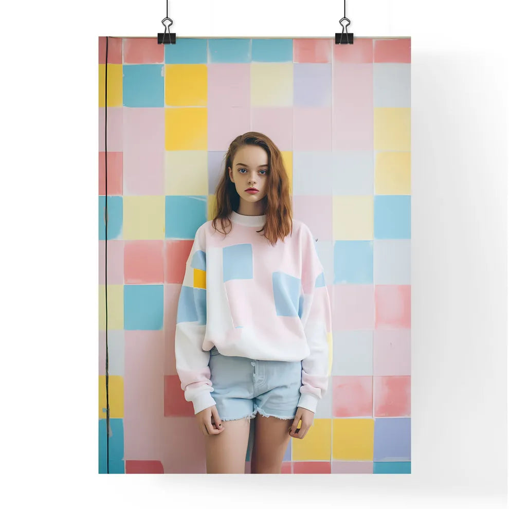 A Poster of girl standing on a pastel backgr Poster