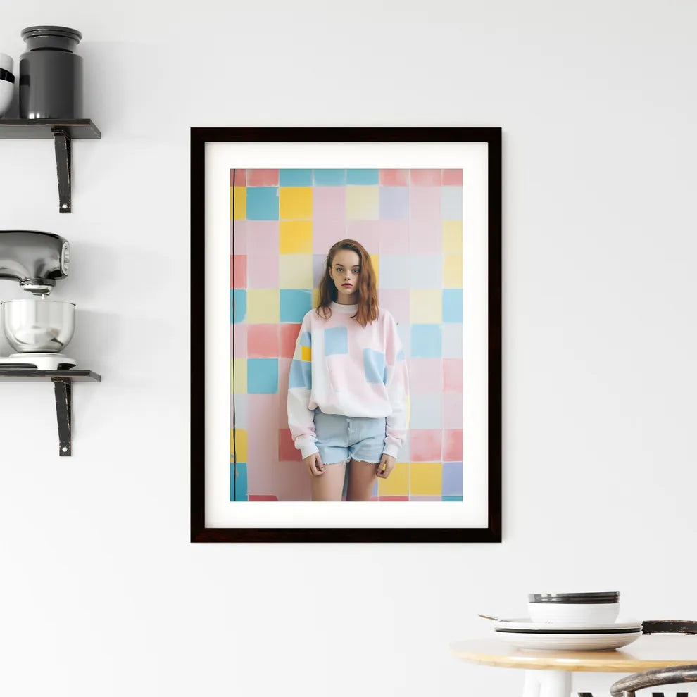 A Poster of girl standing on a pastel backgr Framed Print