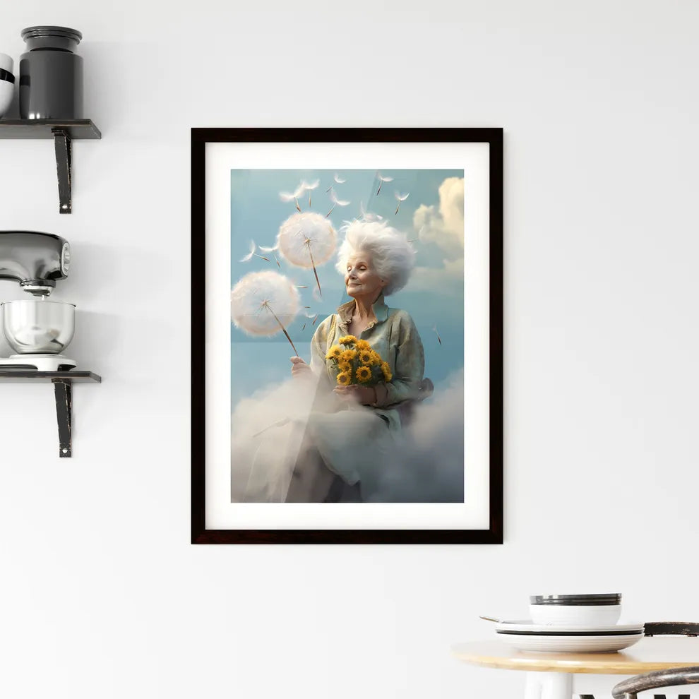 A Poster of an old woman with a dandelion -  Framed Print