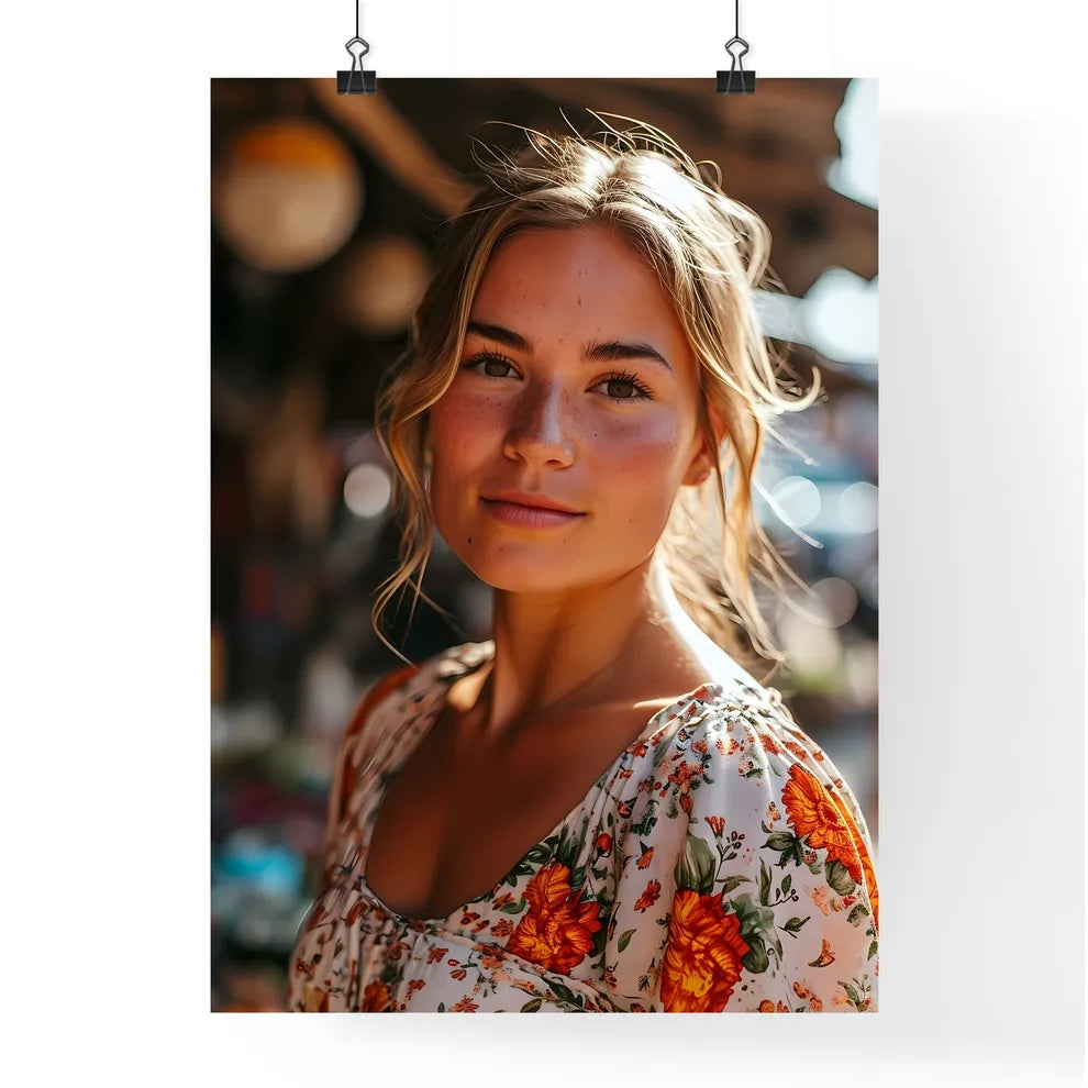A Poster of a beautiful woman posing next to a swimming pool - A Woman With Blonde Hair And Freckles Default Title