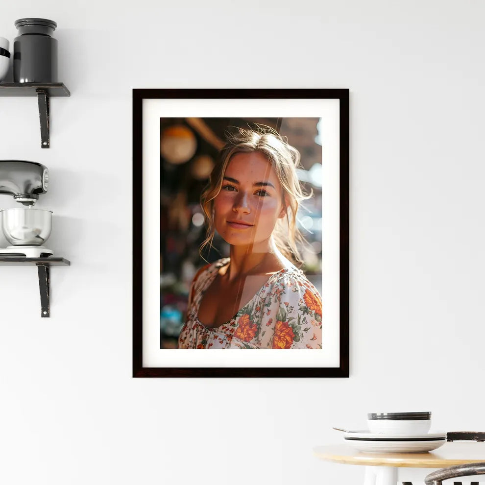 A Poster of a beautiful woman posing next to a swimming pool - A Woman With Blonde Hair And Freckles Default Title