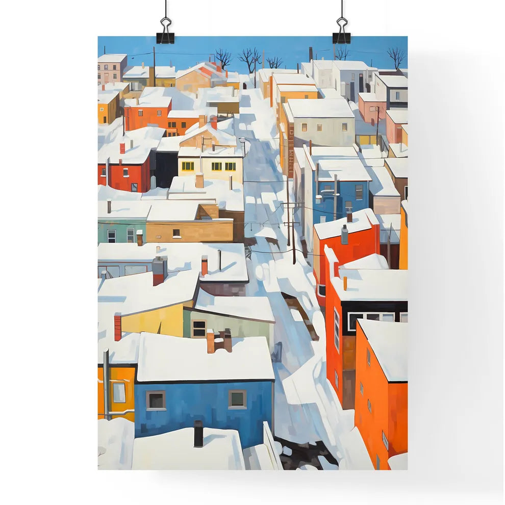 A Poster of snowy urban roofs seen from above - A Snow Covered City With Many Colorful Buildings Poster