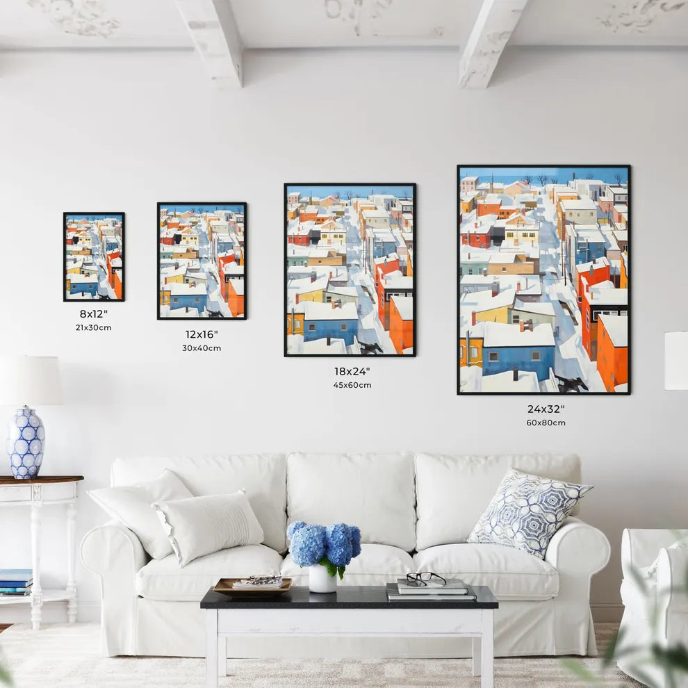 A Poster of snowy urban roofs seen from above - A Snow Covered City With Many Colorful Buildings Size Chart