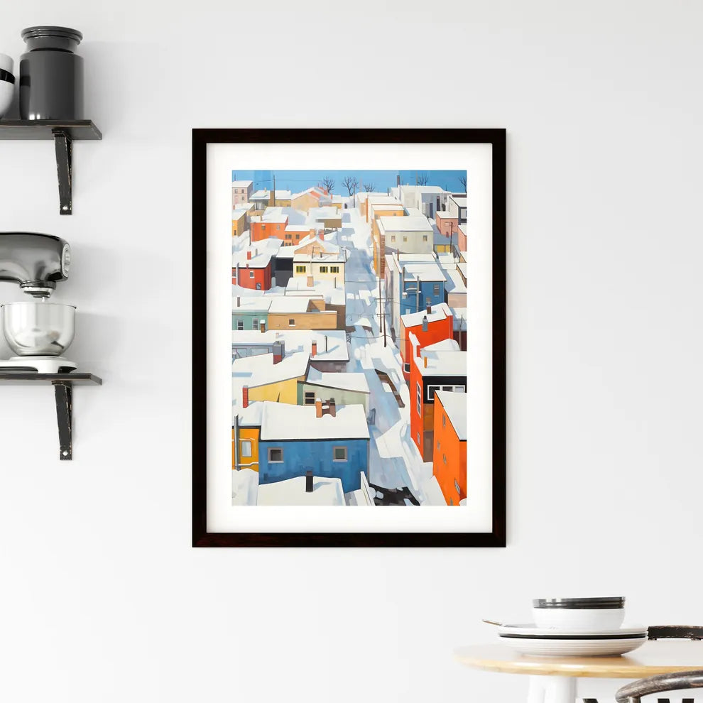 A Poster of snowy urban roofs seen from above - A Snow Covered City With Many Colorful Buildings Custom Print