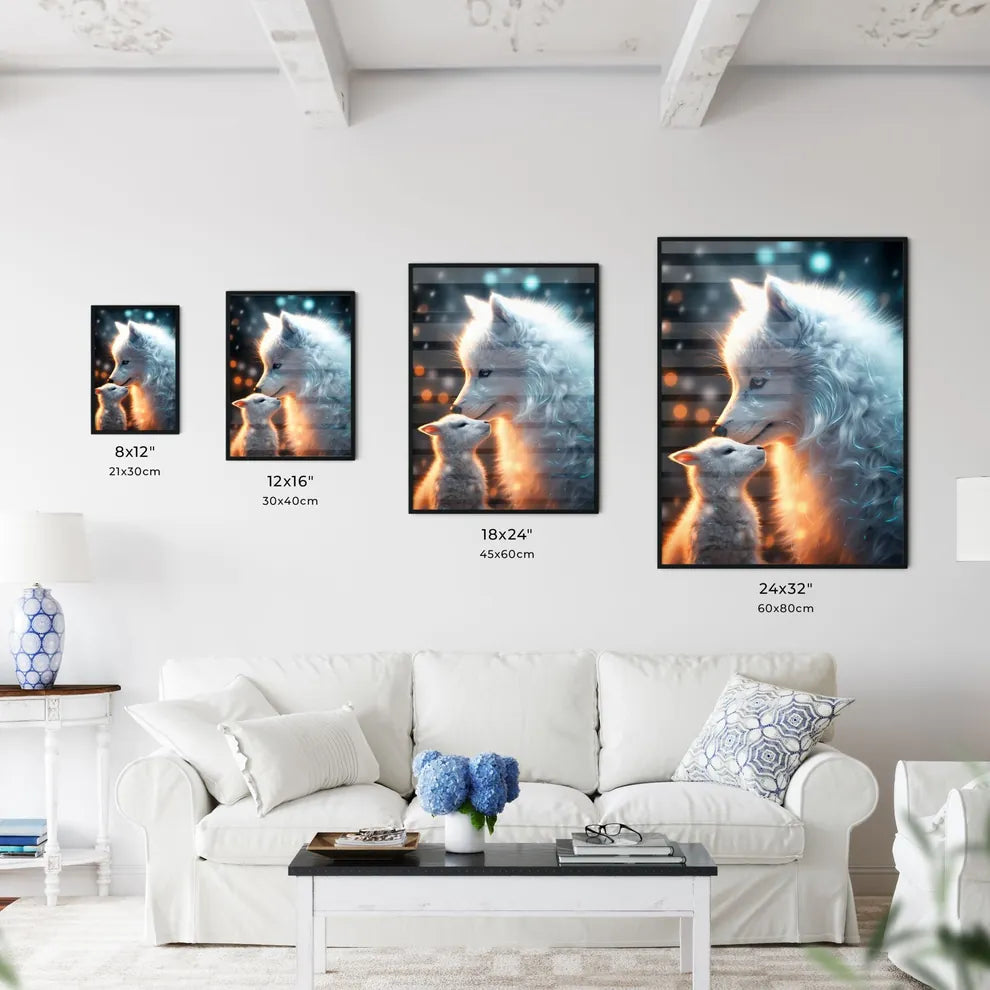 A Poster of A wolf is petting a lamb gently  Size Chart