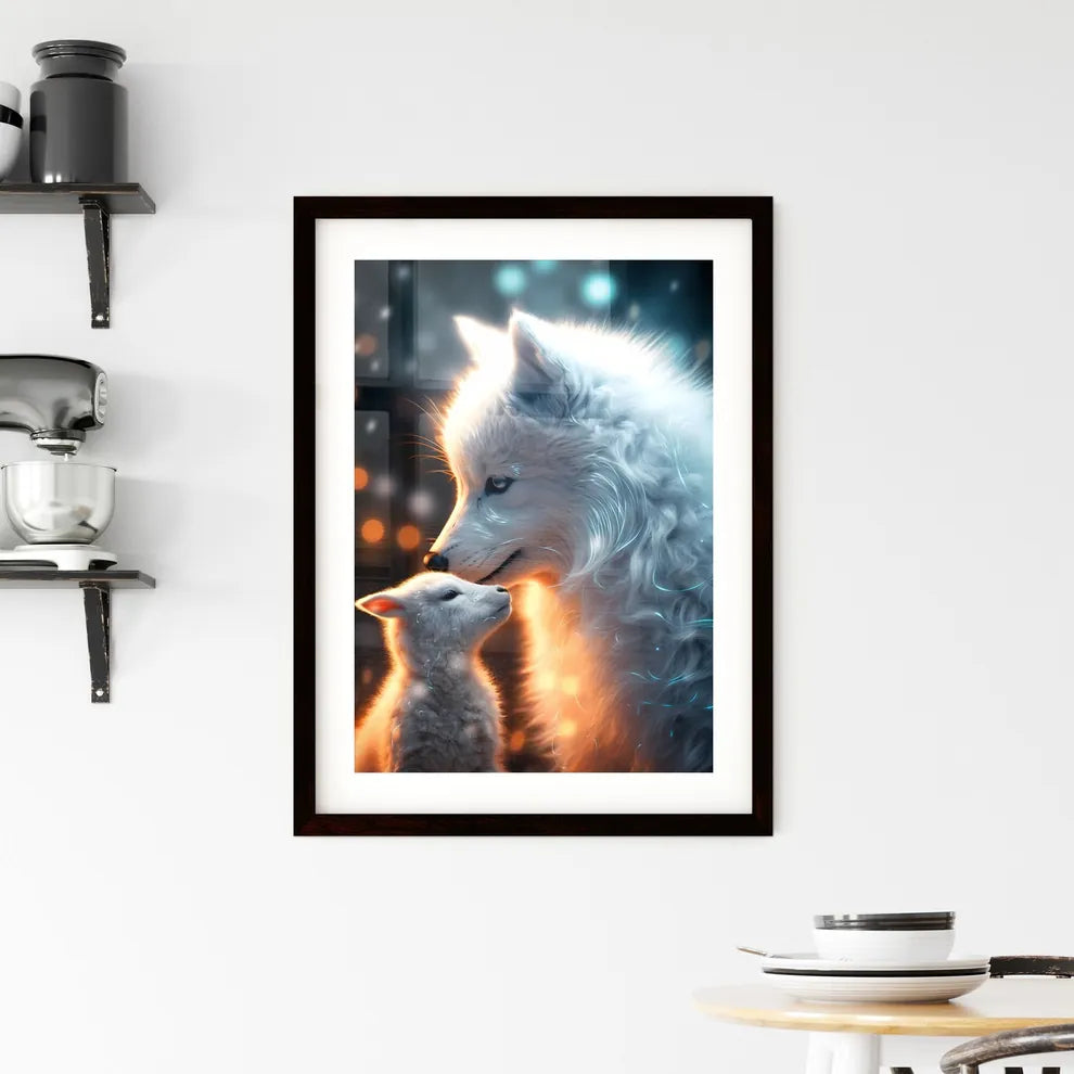 A Poster of A wolf is petting a lamb gently  Framed Print