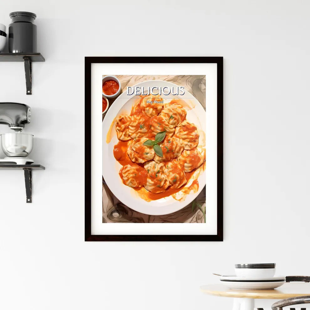 A Poster of Ravioli with tomato sauce - A Pl Framed Print