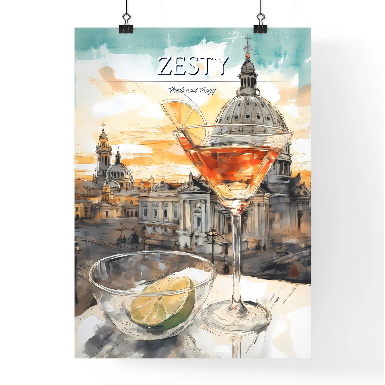 A Poster of classic margarita cocktail - A Glass Of Drink And A Bowl Of Limes On A Table Poster