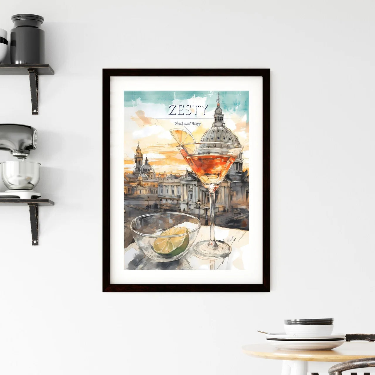 A Poster of classic margarita cocktail - A Glass Of Drink And A Bowl Of Limes On A Table Custom Print
