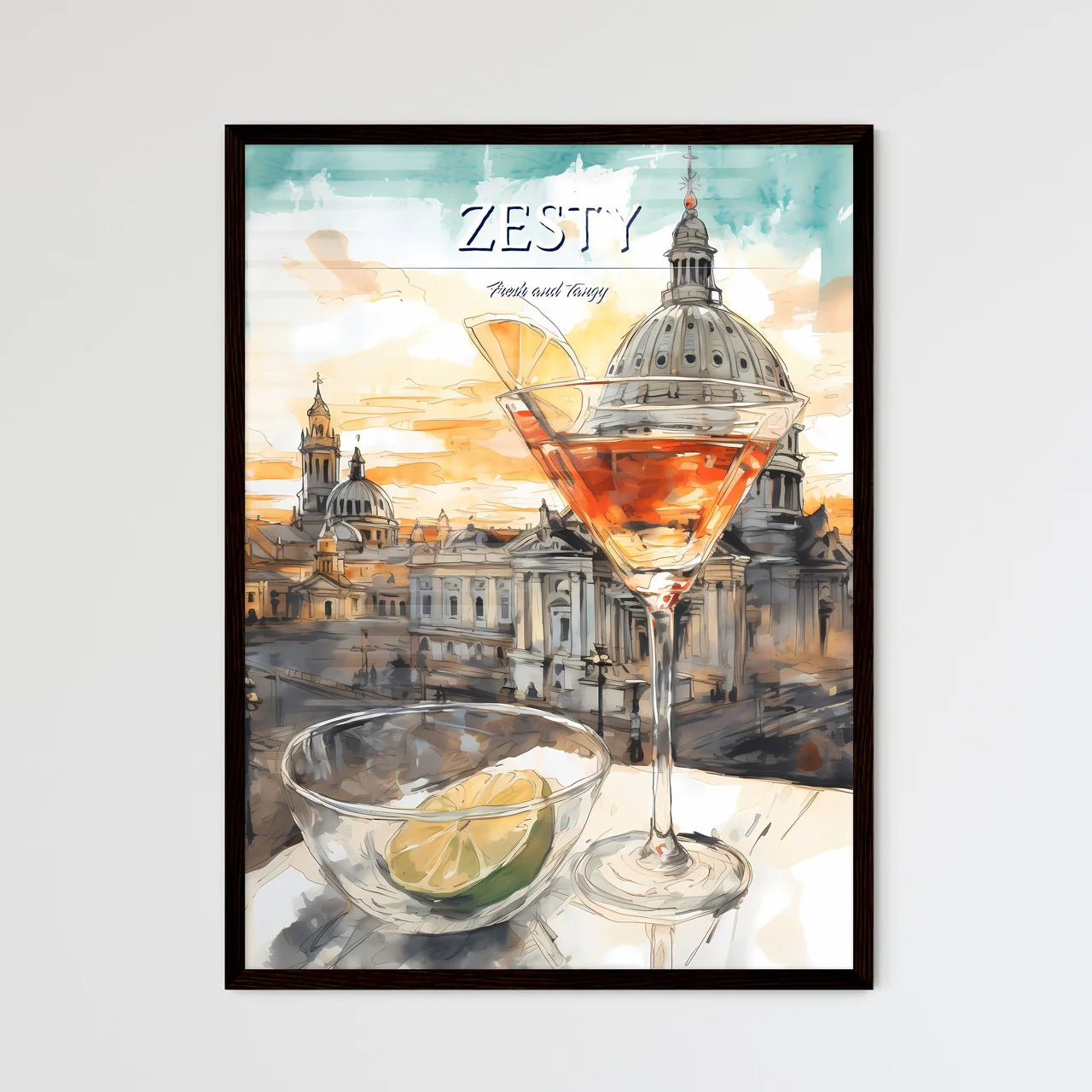 A Poster of classic margarita cocktail - A Glass Of Drink And A Bowl Of Limes On A Table Framed Art