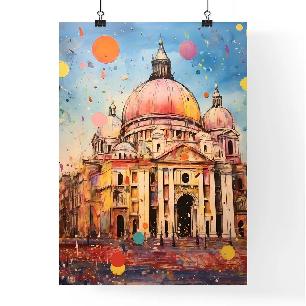 A Poster of colorful confetti - A Painting Of A Building With Colorful Balloons Poster
