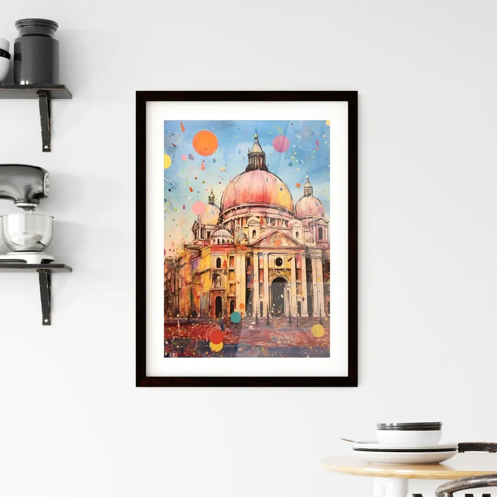 A Poster of colorful confetti - A Painting Of A Building With Colorful Balloons Custom Print