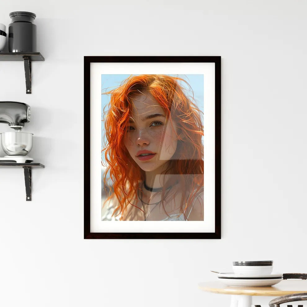 A Poster of a painting of a woman with orang Framed Print
