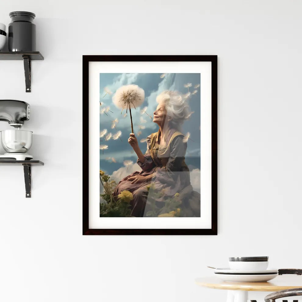 A Poster of an old woman with a dandelion -  Framed Print