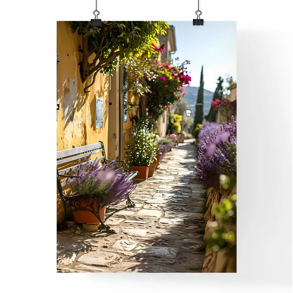 A Poster of small patio with a deck chair - A Bench With Flowers In Pots On A Stone Path Poster