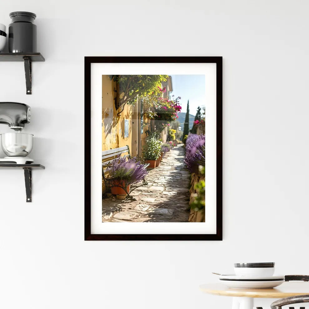 A Poster of small patio with a deck chair - A Bench With Flowers In Pots On A Stone Path Custom Print