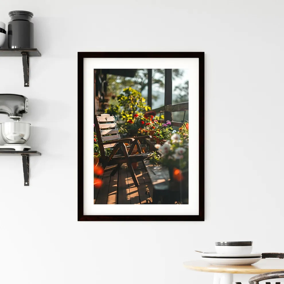 A Poster of small patio with a deck chair -  Framed Print