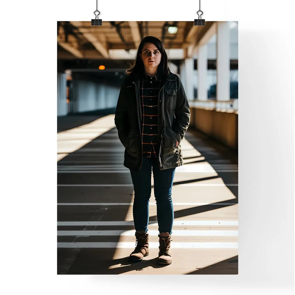 A Poster of one woman with shadows in the tunnel - A Woman Standing In A Parking Lot Default Title