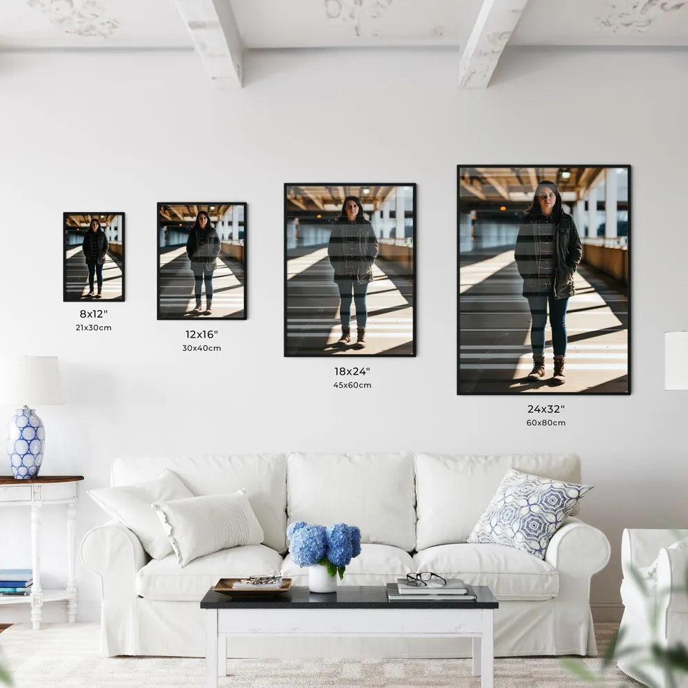 A Poster of one woman with shadows in the tunnel - A Woman Standing In A Parking Lot Default Title