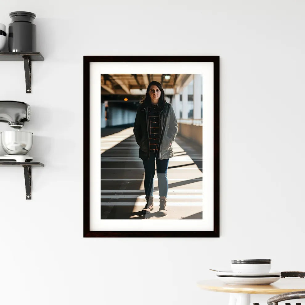 A Poster of one woman with shadows in the tunnel - A Woman Standing In A Parking Lot Default Title