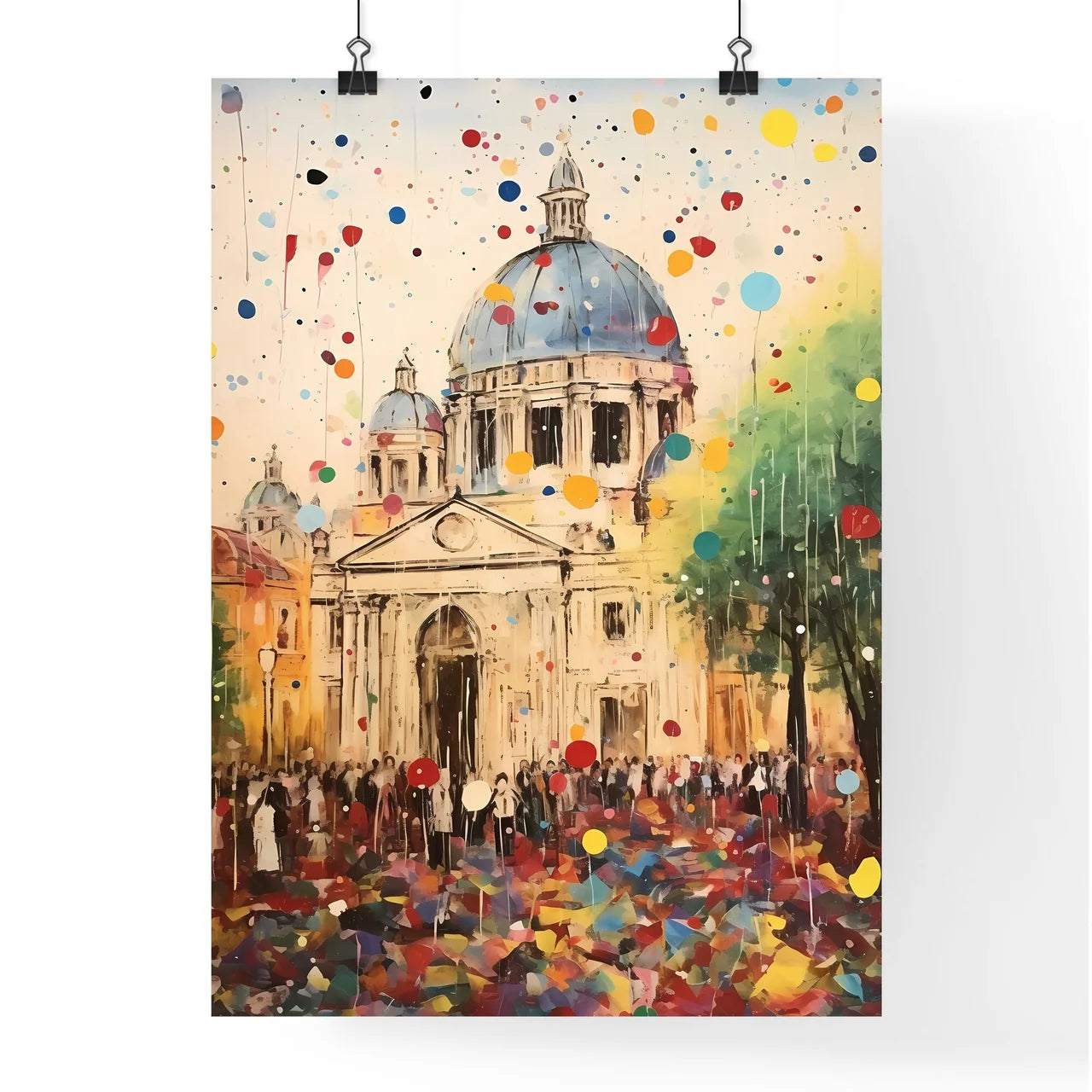 A Poster of colorful confetti - A Painting Of A Building With A Dome And Trees And People Poster