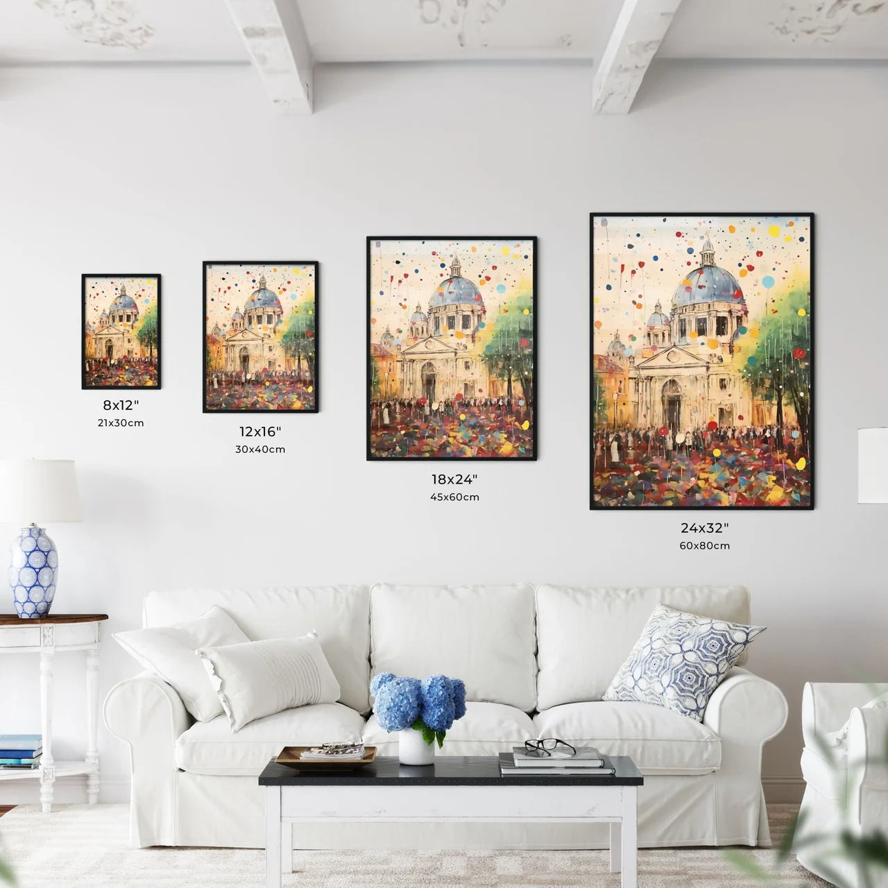 A Poster of colorful confetti - A Painting Of A Building With A Dome And Trees And People Size Chart