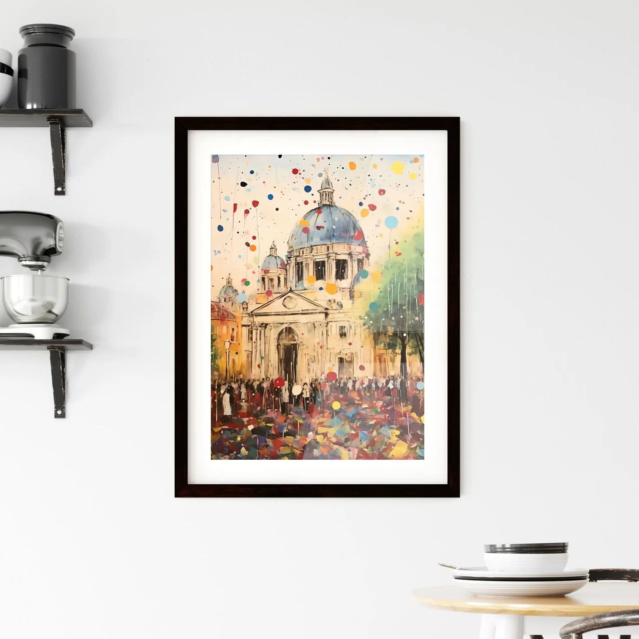 A Poster of colorful confetti - A Painting Of A Building With A Dome And Trees And People Custom Print