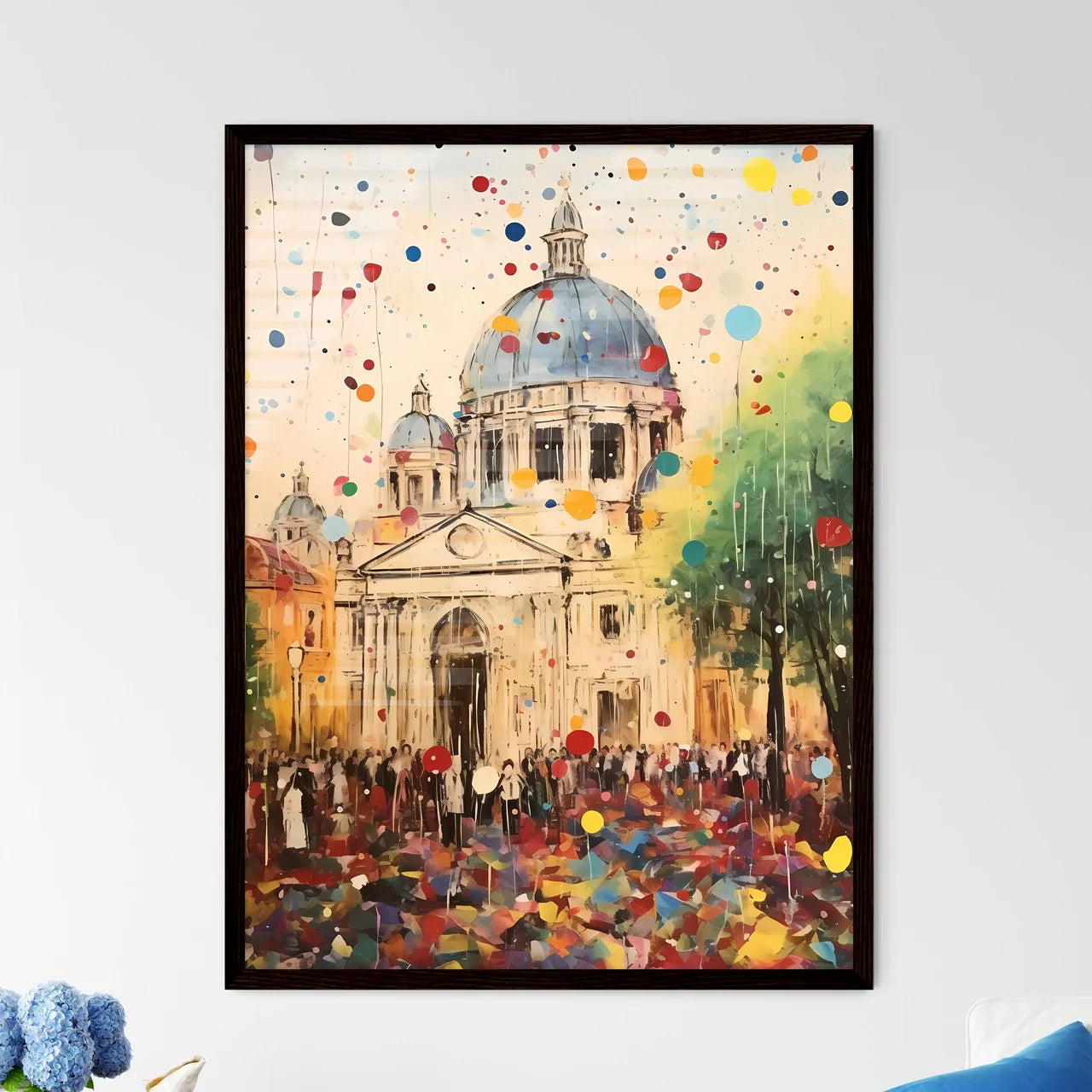 A Poster of colorful confetti - A Painting Of A Building With A Dome And Trees And People Framed Art