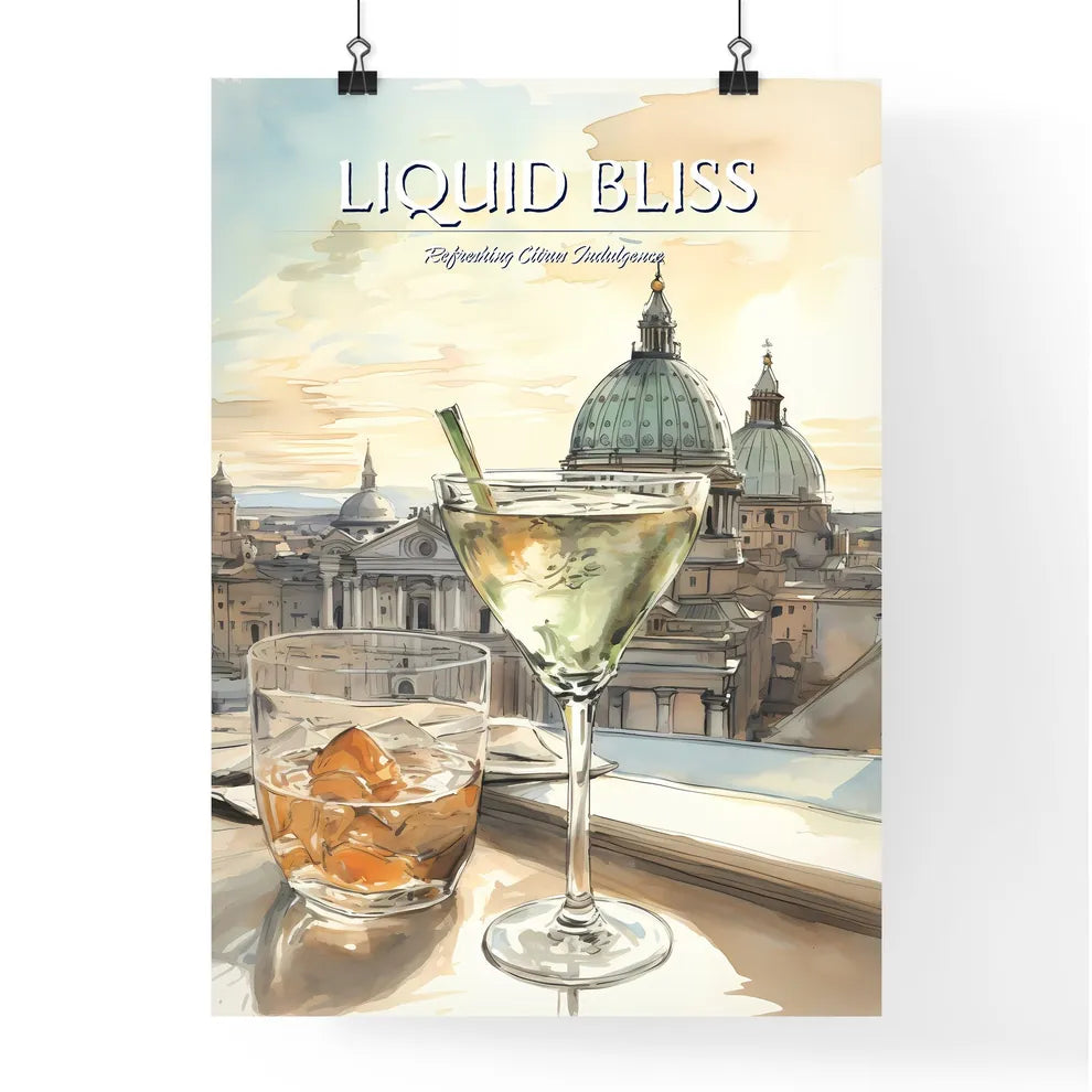 A Poster of classic margarita cocktail - A Glass Of Liquid On A Ledge With A City In The Background Poster