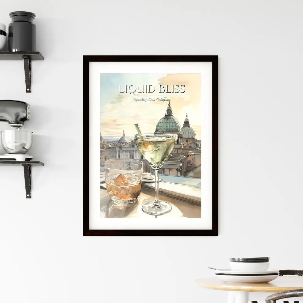 A Poster of classic margarita cocktail - A Glass Of Liquid On A Ledge With A City In The Background Custom Print