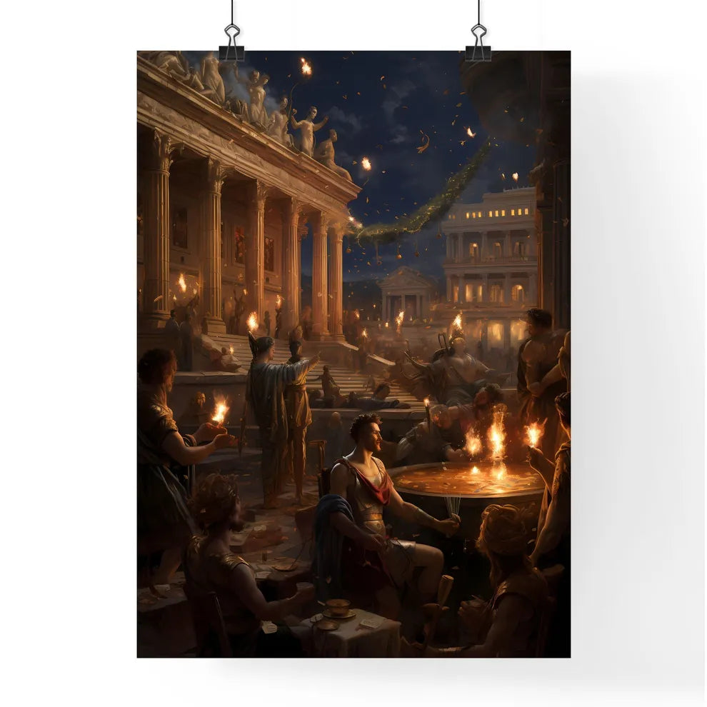 A Poster of A lavish and opulent scene - A Group Of People Around A Table With Fire Poster