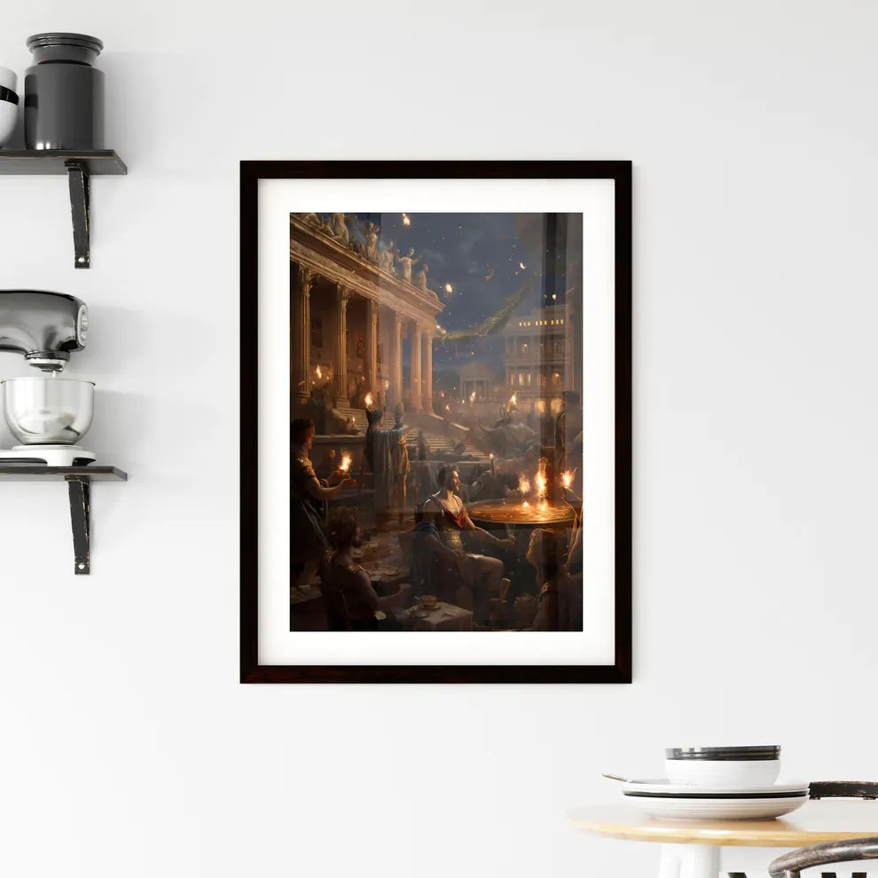 A Poster of A lavish and opulent scene - A Group Of People Around A Table With Fire Custom Print