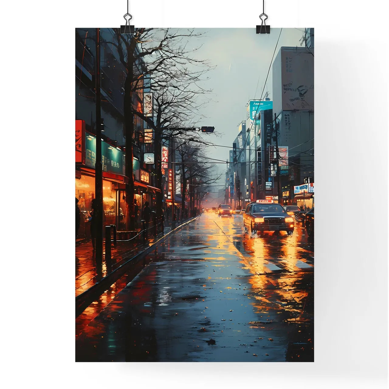 A Poster of oil painting tokyo - A Wet Street With Cars And Buildings On It Poster