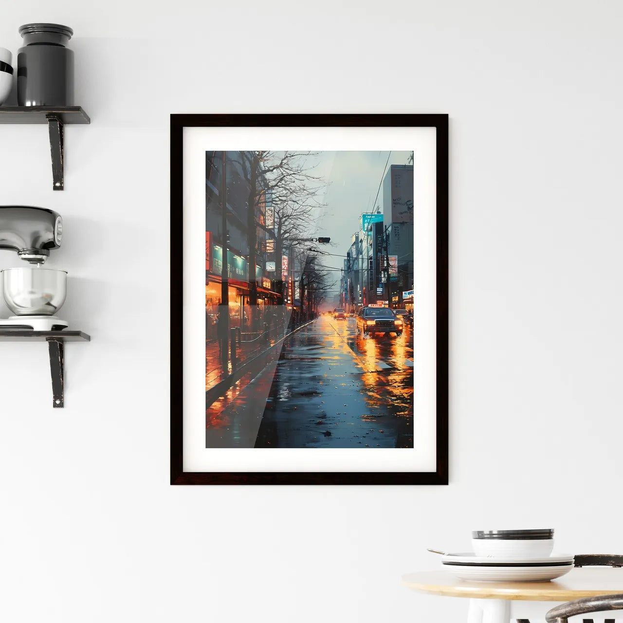 A Poster of oil painting tokyo - A Wet Street With Cars And Buildings On It Custom Print