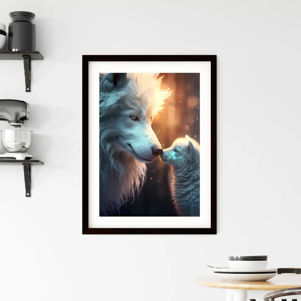 A Poster of A wolf is petting a lamb gently  Framed Print