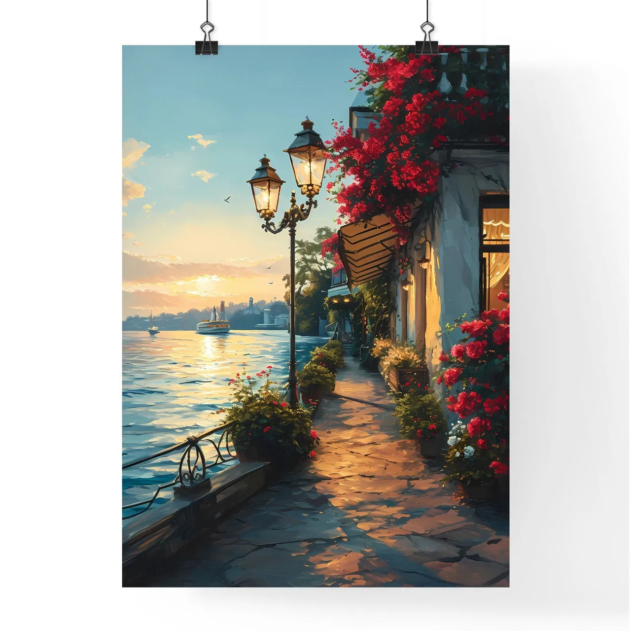 A Poster of Cafe warm lamp lakeside - A Street With Flowers And A Body Of Water Poster
