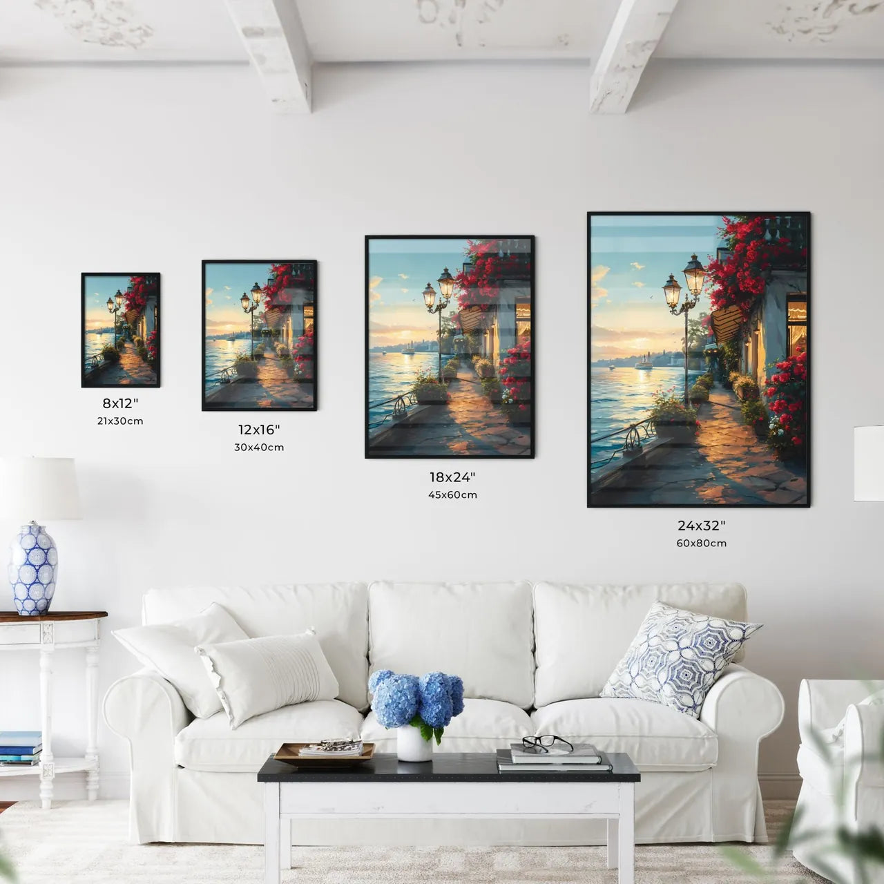 A Poster of Cafe warm lamp lakeside - A Street With Flowers And A Body Of Water Size Chart